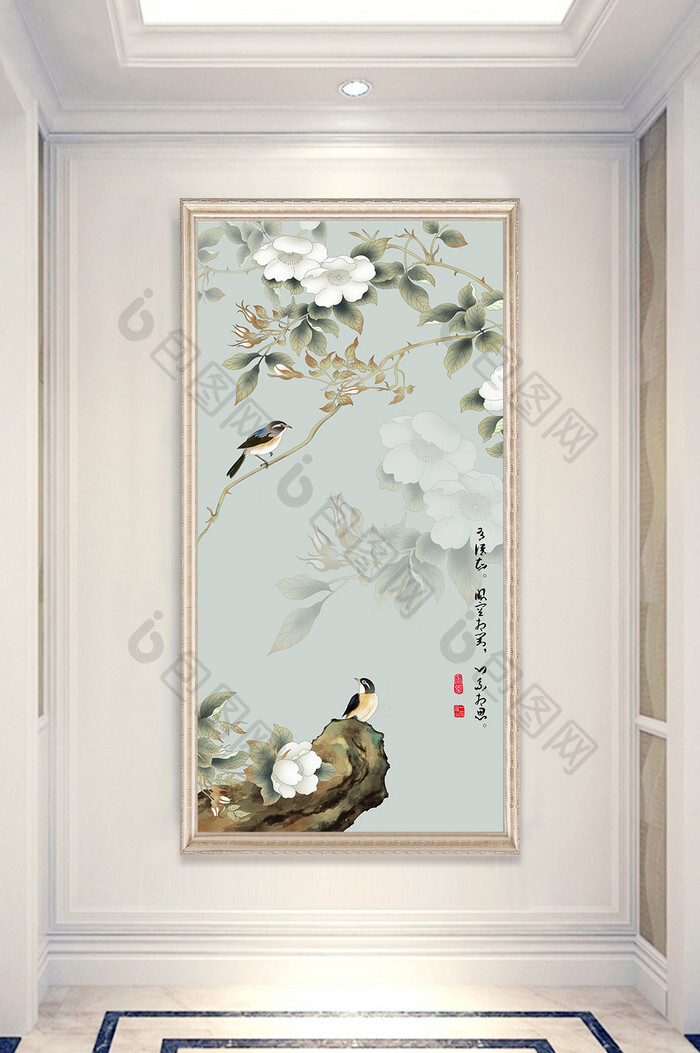 新中式水墨山水玉兰花鸟玄关背景墙装饰画图片