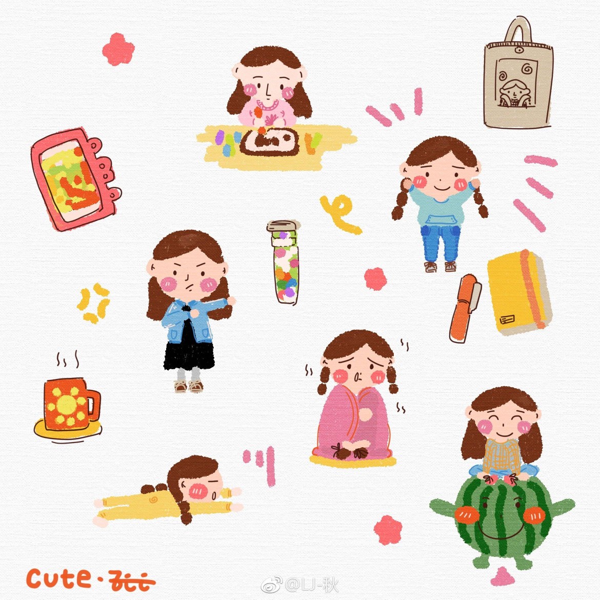 q萌 小女生的日常 手帐素材 插画 手绘 彩绘 头像 壁纸