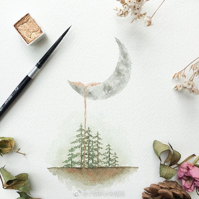 手绘水彩~弯弯月儿 ins:rosesartjournal
