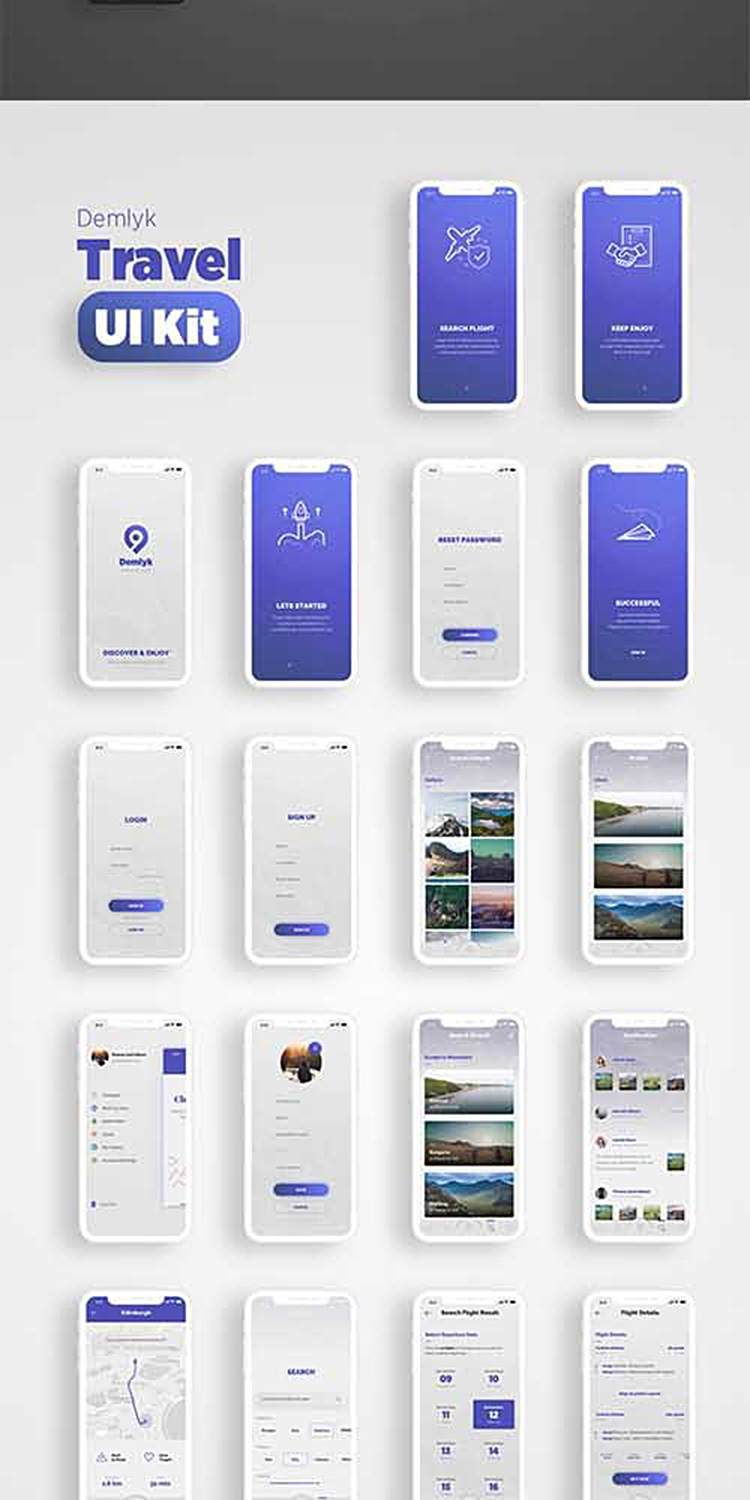 蓝色黑色扁平创意旅行旅游户外徒步app手机ui界面设计模板s13