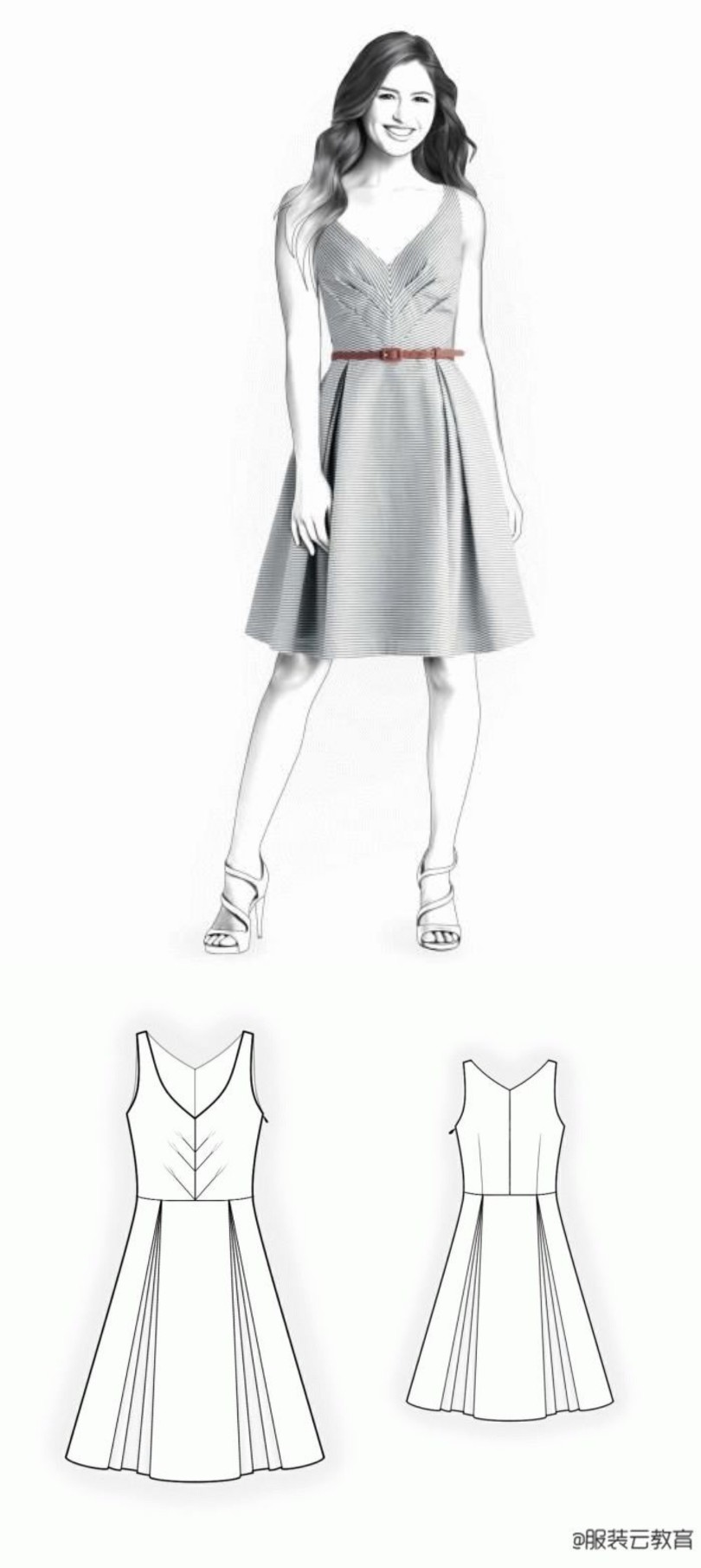 无袖v领连衣裙的效果图 款式图 制版图服装云教育