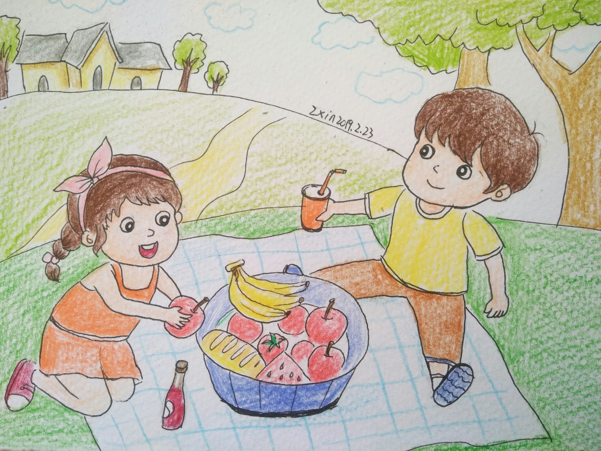 儿童画《郊游野餐》-堆糖,美好生活研究所