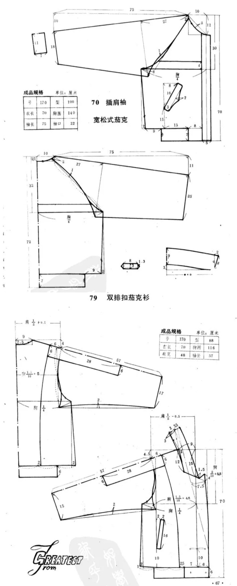 男装裁剪图插肩袖宽松式茄克衫双排扣茄克衫