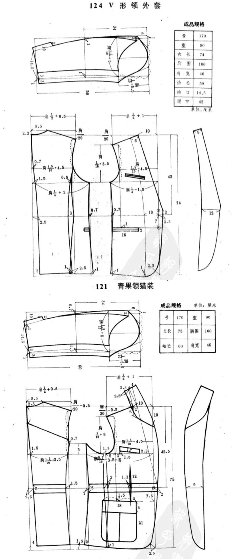 男装裁剪图 v型领外套青果领猎装