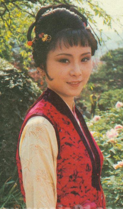 【87版红楼梦】——(晴雯)红黑二色印花缎镶黑色领对襟比甲, 牙黄暗花