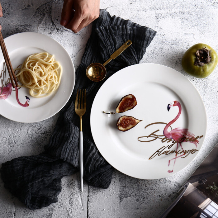 INS火烈鸟金色英文盘子陶瓷餐具创意骨瓷西餐