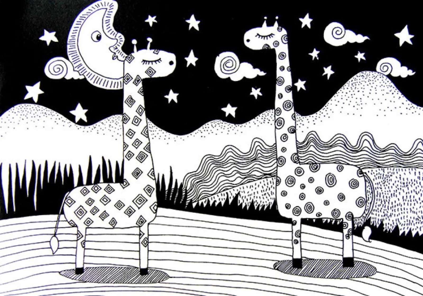儿童画 线描 创意画 动物 植物 荷花 长颈鹿